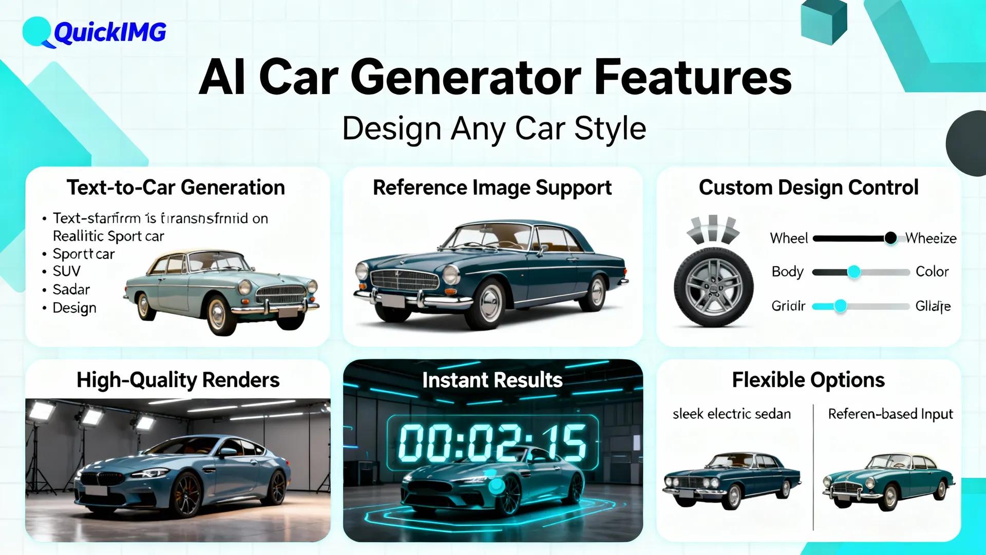 QuickImg AI car generator features showing custom car design capabilities